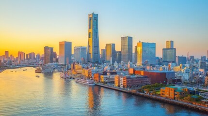 Fototapeta premium Panoramic sunrise view of Tokyo skyline, harbor, and city