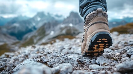 a hiker's boot navigating a rugged, rocky mountain trail with stunning peaks in the background. It symbolizes the adventurous spirit and exploration