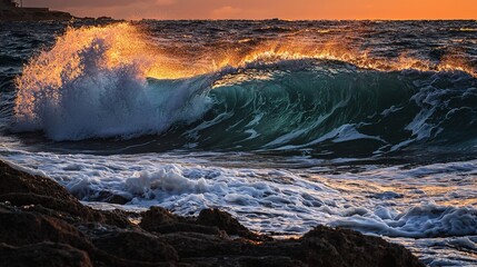 Fototapeta premium Dramatic ocean wave crashing on rocky shore at golden sunset