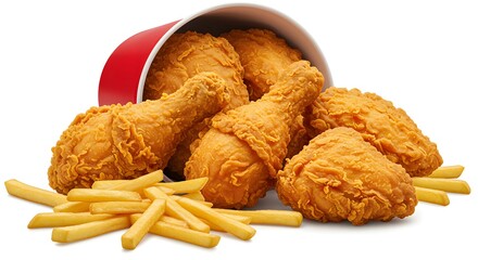 Fried chicken in a pure red bucket with French fries, isolated on a white background