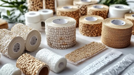 An artistic display of various textured wrapping materials, including natural fibers and decorative tapes, arranged beautifully on a flat surface.