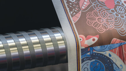 Industrial printing on woven material; modern digital inkjet printer puts a blue pattern picture on...