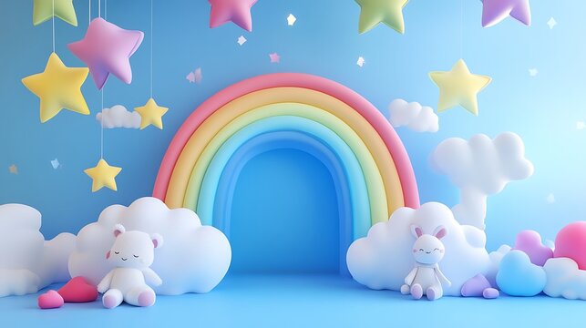 Baby theme colorful rainbow clouds stars toys decor concept picture