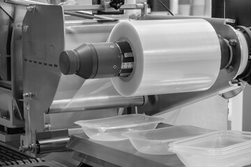 A machine with a roll of polyethylene plastic film on it. The machine is in a factory. industrial food packaging concept background