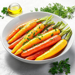 Glazed Rainbow Baby Carrots with Parsley in Bowl and Olive Oil Drizzle for Fresh Side Dish
Glazed Rainbow Baby Carrots with Parsley in Bowl and Olive Oil Drizzle for Fresh Side Dish
