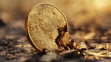 A crumbling gold coin symbolizing economic instability --ar 16:9 --v 6.1 Job ID: d33e7783-0644-4ed4-8ac7-69abef409ae2