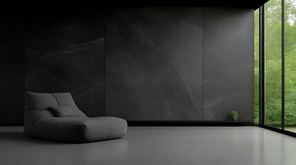 Modern, dark, minimalist living room with a comfortable lounge chair