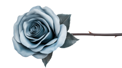 Blue rose with thorny stem against transparent background