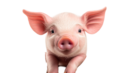 A cute pink piglet with big ears looks at the camera, cut out transparent