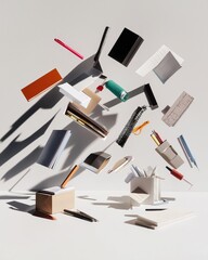 Obraz premium Floating stationery items in mid-air notebooks, pens, and paper in creative composition