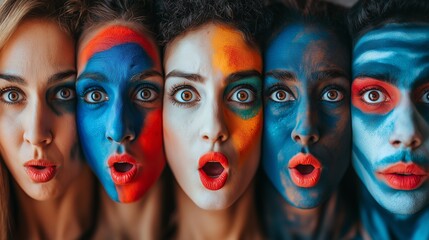 A minimalistic photo featuring a group of diverse individuals with expressive faces, showcasing various colorful face paint designs