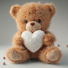 Fluffy light brown teddy bear holding textured white heart on neutral gray background