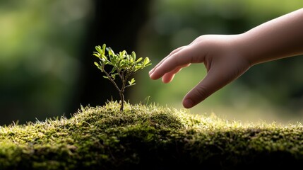 Fototapeta premium Child Touching Small Plant Inside Museum Exhibit About Nature Conservation