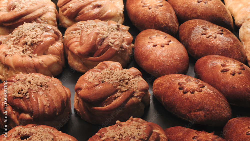 Aufkleber Breads on the shelf in the market or bakery. variety of pastries with different shapes and toppings. pastries are arranged in a row, with some being larger and others smaller.