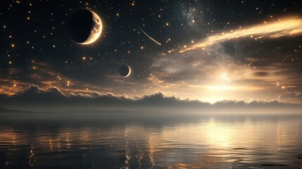Beautiful Celestial Scene of Stars and Planets Reflected Over a Tranquil Ocean at Night