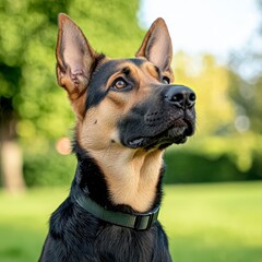 Service dog in training looking up at the sky with focused attention during an outdoor obedience training session