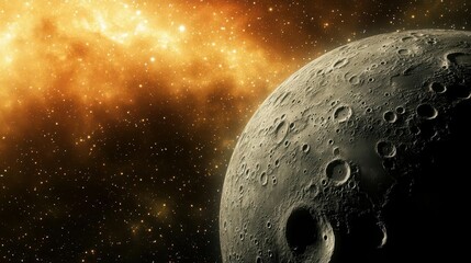Close-Up View of Moon Surface Against a Cosmic Background with Stars and Nebula in Space