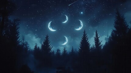 Celestial Night Sky Over a Tranquil Forest with Moon Phases and Twinkling Stars