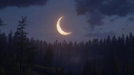Crescent Moon Glowing Over a Serene Forest Landscape Under a Twilight Sky