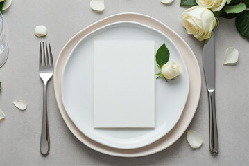 Elegant Wedding Table Setting Mockup with Blank Card and White Roses on Neutral Background