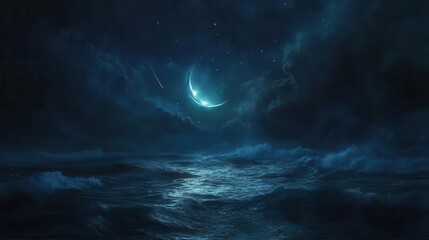 Crescent Moon Illuminating Stormy Ocean Waters Under a Starry Night Sky