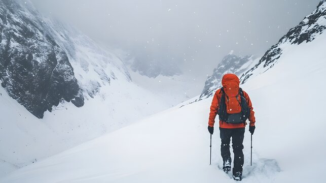 a solitary figure hikes through a snowy mountain pass, facing challenging conditions, but seemingly undeterred.