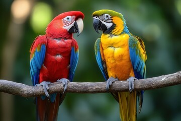 Two vibrant parrots perched on a branch in a lush green setting.