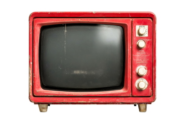 Old red TV with dials and buttons, vintage technology, cut out transparent