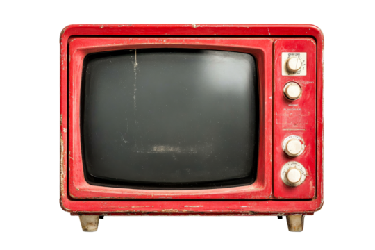 Old red TV with dials and buttons, vintage technology, cut out transparent