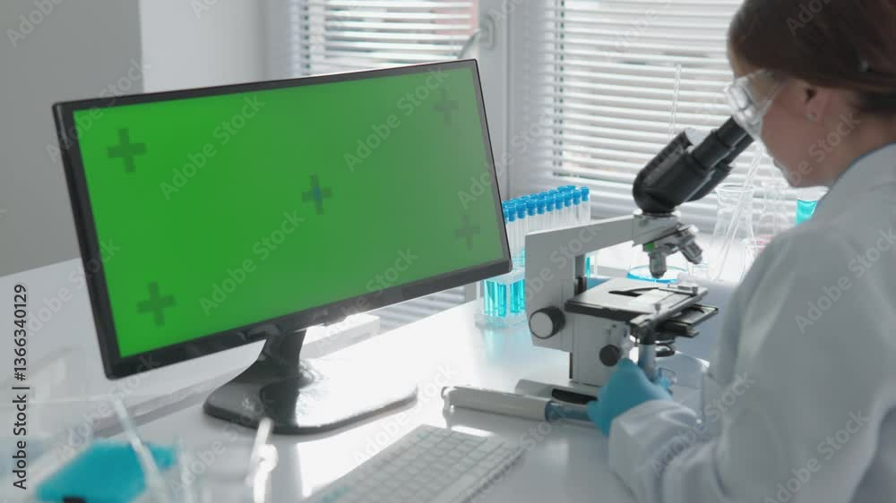 Poster in a lab, a researcher in a white coat examines a sample under a microscope, while a nearby computer