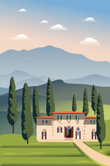 Naklejka premium Landscape view of the hills of Tuscany. Flat design of a Tuscan villa with cypress trees