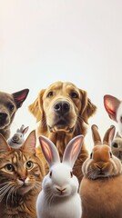 Obraz premium Group of adorable pets golden retriever, tabby cat, and rabbits in a playful setting