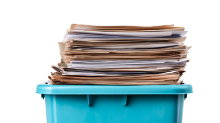 Overstuffed blue container with files and papers, cut out transparent