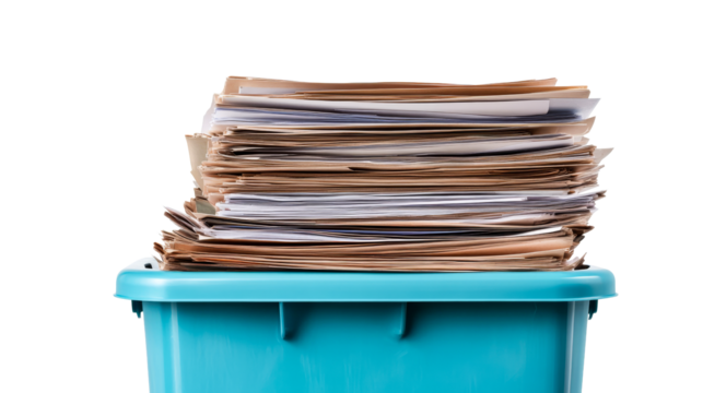Overstuffed blue container with files and papers, cut out transparent