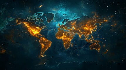 Obraz premium A vibrant digital representation of a world map with glowing orange city connections against a futuristic blue cosmic background, symbolizing technology, communication, and global data.. AI Generation