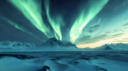 Fototapeta premium majestic display of the northern lights illuminating a snowy landscape. The vibrant colors dance across the sky, casting an ethereal glow over the frozen terrain