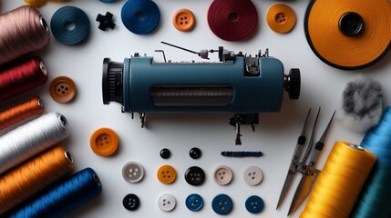 Vintage sewing machine amidst colorful sewing essentials on a white backdrop