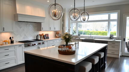 Fototapeta premium Clean White Kitchen Simple Cabinets Island