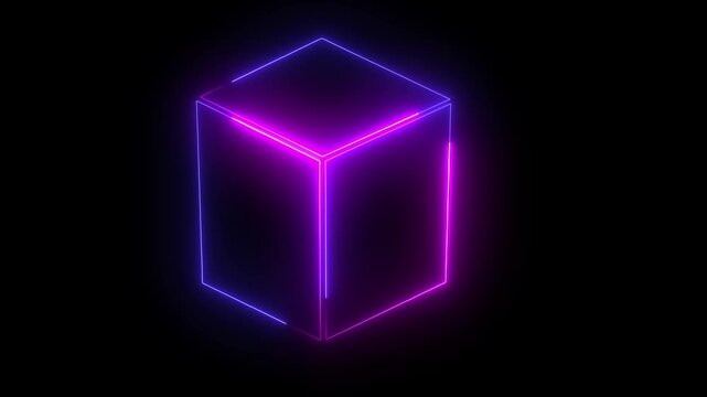 Neon  glowing square frame. Geometric portal with simple futuristic cross section and Abstract neon square frame on the black, background animation and seamless looping background Colored neon glowing