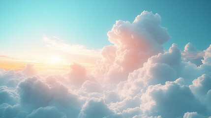 Dreamy skyscape with fluffy clouds and a golden sunset glow over a blue sky