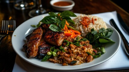Delicious Plate of Asian Cuisine with Grilled Meat and Rice Arrangement