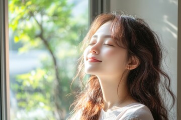 A side portrait of a Korean woman with closed eyes, enjoying sunlight by a window amidst a blurred green background