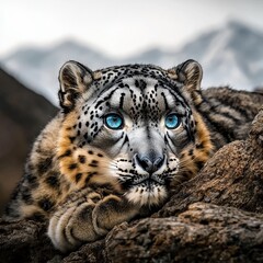 Obraz premium Majestic snow leopard with blue eyes resting on rocky terrain in natural habitat