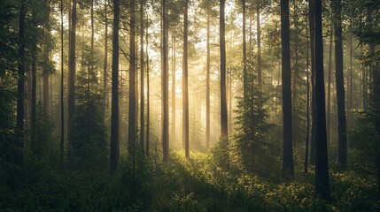 Obraz premium Sunlight Streaming Through Tall Trees in a Tranquil Forest Scene