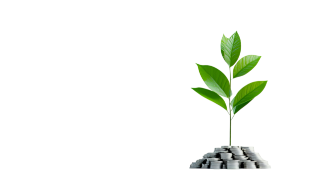 Tree growing from silver coins stack, growth income, investment, cut out transparent