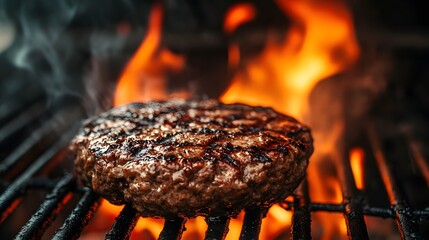 close-up shot of a juicy burger being grilled over a flame. The burger is cooked to perfection, with grill marks, and ready to be enjoyed