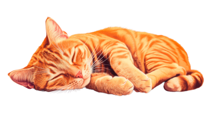 Ginger cat sleeping comfortably with eyes closed, relaxation, cut out transparent