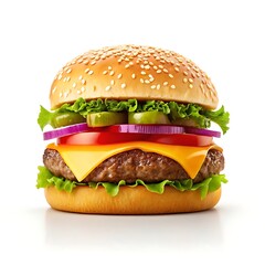 A juicy cheeseburger, stacked high with fresh lettuce, tomato, onion, and pickles, a tempting culinary masterpiece against a bright white backdrop.