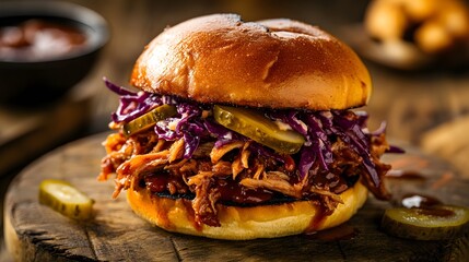 a close-up shot of a mouthwatering pulled pork sandwich on a wooden cutting board