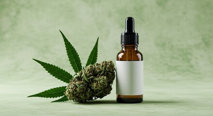 CBD Oil Bottle Mockup with Cannabis Bud and Leaf: Blank Label for Your Brand